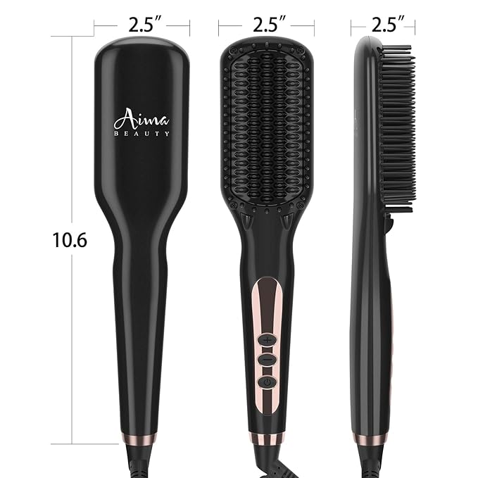 Aima Beauty Hair Straightener Brush, Enhanced 2-in-1 Straightening Brush, Advanced Ionic, Quick Heating with Anti-Scald, Black