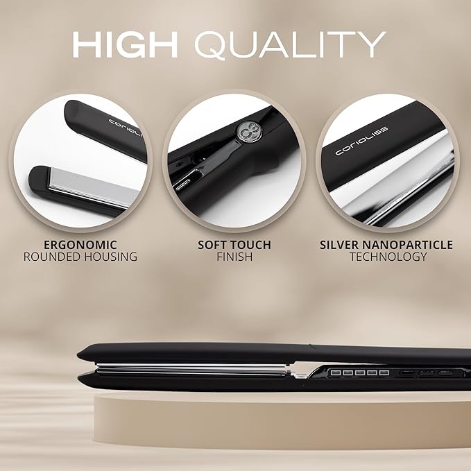 Corioliss C3 Hair Straightener Flat Iron Professional for Hair Titanium Plates Control Temperature Women (Black Chrome Soft Touch)