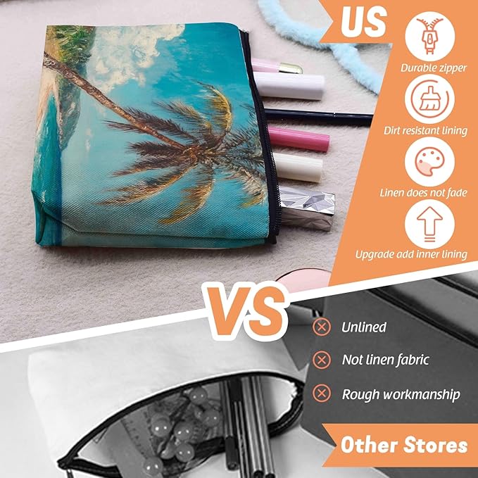 Cosmetic Bags Travel Makeup Toilet Case Waterproof Pouch for Women Girls 6.7X9.45inches - Tilted Coconut Tree on A Tropical Beach