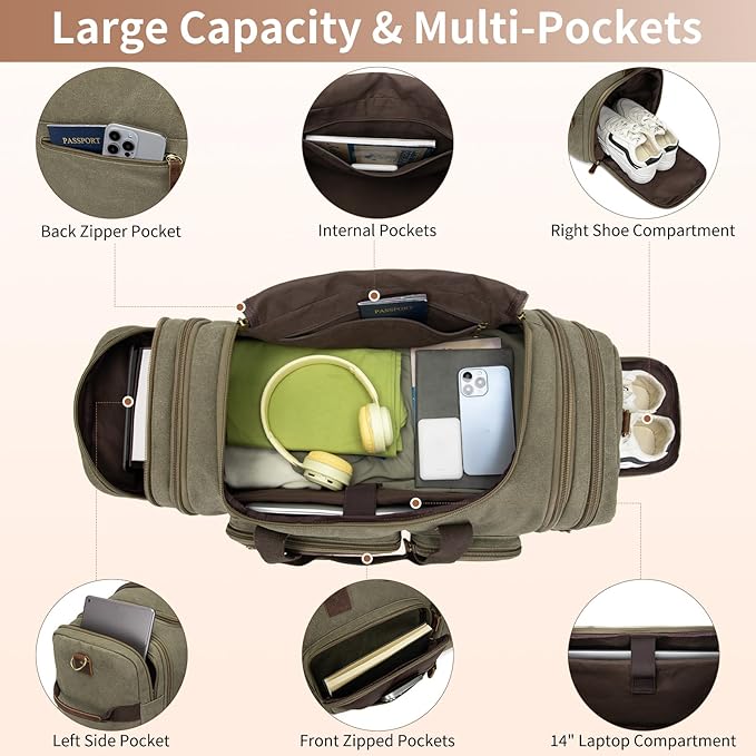 Mens Duffle Bag for Travel 60L Expandable Canvas Weekender Overnight Travel - Image 3