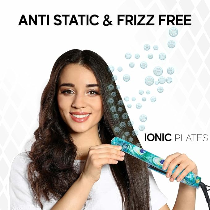Brilliance New York - 1.25" Smooth Pro Ceramic Iron, Straightens & Curls w/Adjust. Temp, Features Negative Ions & FIR Technology, Dual Voltage, Peacock