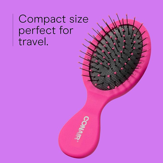 Conair Detangling Mini Hair Brush Set, 3-Pack Detangler Brushes for Wet or Dry Hair, Gentle Detangler for All Hair Types, Bristle Hair Brushes for Women, Travel Size, Pink, Gray, and Blue