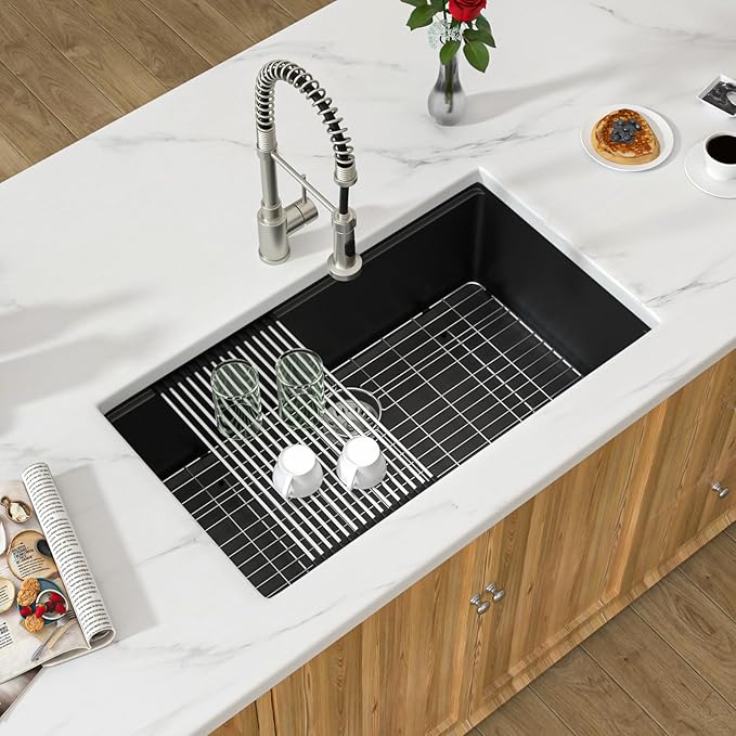 33 Inch Black Granite Composite Kitchen Sink Workstations Black Quartz - Image 4