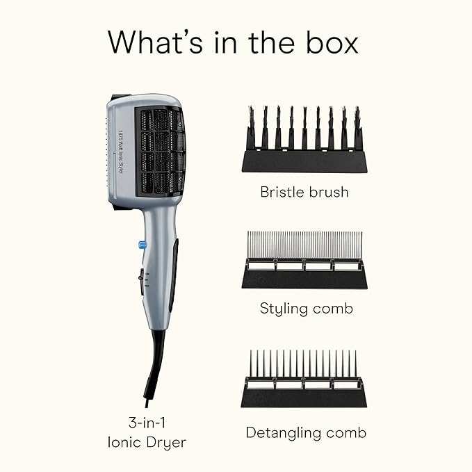 Conair 3-in-1 Styling Hair Dryer, 1875W Blow Dryer with 3 Styling Attachments to Detangle, Straighten, and Volumize, Ionic Technology, Dual Voltage