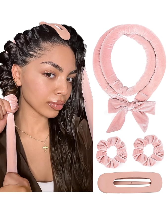 Yanibest Heatless Hair Curler, No Heat Hair Curlers to Sleep in, Super Soft Ribbon Wrap for Long Hair, Overnight Heatless Curling Set with Scrunchies and Clip, for All Hair types(Pink)