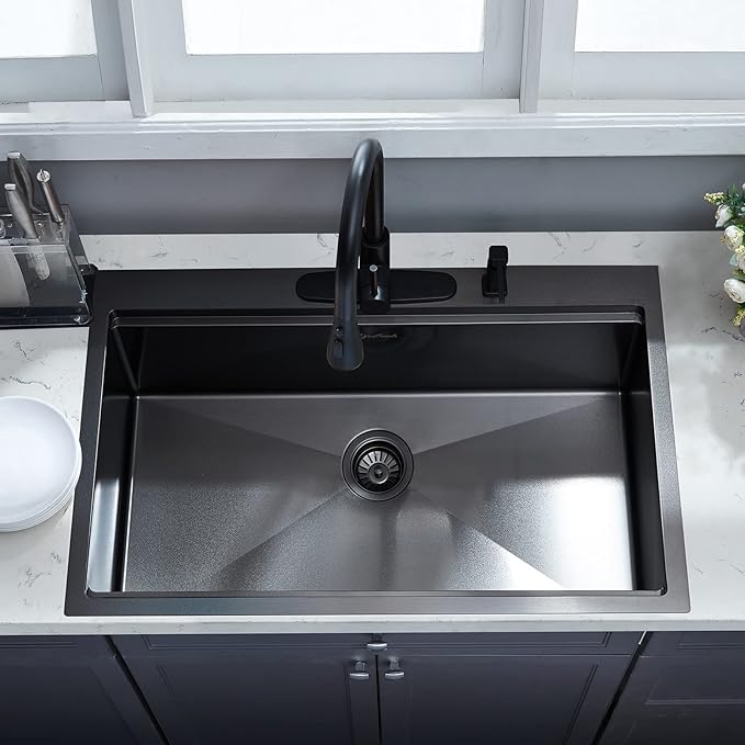Kitchen Sink, 33 x 22 Drop in Kitchen Sink Gunmetal Black 16 Gauge Stainless - Image 3