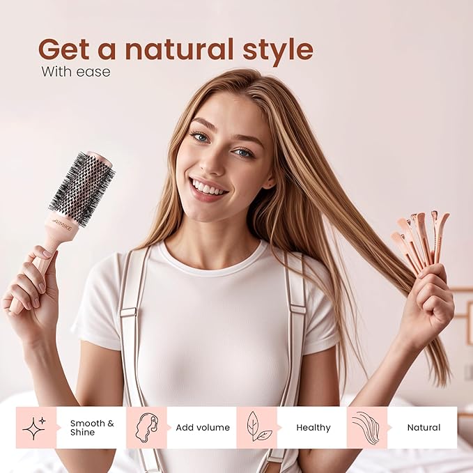 AIMIKE Round Brush for Blow Out, Rose Luxe Medium Round Hair Brush w/Nano Thermal Ceramic Tech, for Blow Drying & Styling Volumizing Shoulder Length Hair, with 4 Clips (Barrel 1.7", Bristle 2.5")