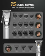 GLAKER Hair Clippers for Men,Professional Mens Hair Clippers Cordless Clippers for Hair Cutting,Precision Trimmer Kit Zero Gap Trimmer with LED Display 15 Guide Combs (Silver)