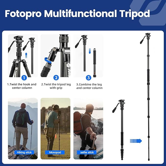 Fotopro 59" Carbon Fiber Travel Tripod, Compact Video Tripods - Image 5