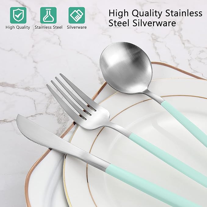 Matte Green Silver Silverware Set, 20-Piece Stainless Steel Flatware Set - Image 4
