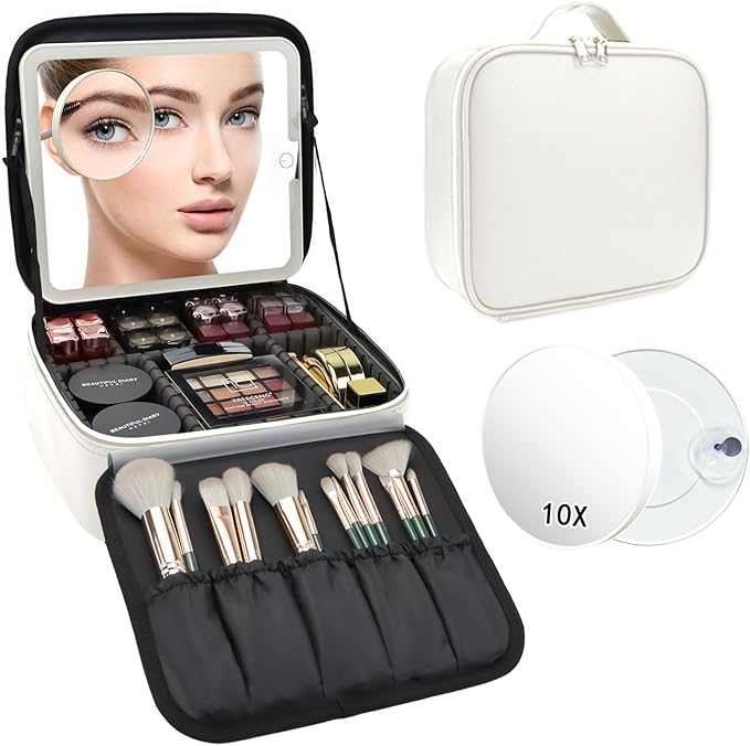 Travel Makeup Bag with LED Mirror and 10x magnifying glass with 3 Lighted - Image 9