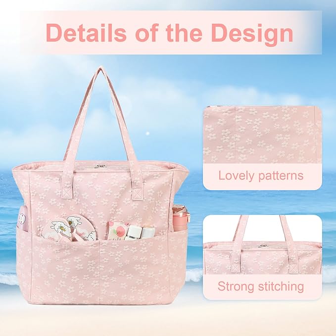 LEDAOU Large Beach Tote Bag Women Waterproof Sandproof Zipper Beach Tote Bag - Image 2