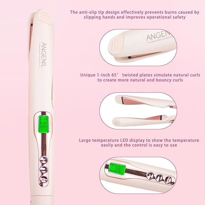 ANGENIL Pro Hair Straightener and Curler 2 in 1, Twist Flat Iron Hair Straightener for Women, Dual Voltage Round Pink Flat Iron with Anti-Scalding Silicone Mat, 11 Adjustable Temp for All Hair Types