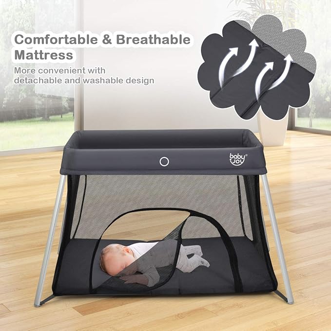 BABY JOY Baby Foldable Travel Crib, 2 in 1 Portable Playpen - Image 5
