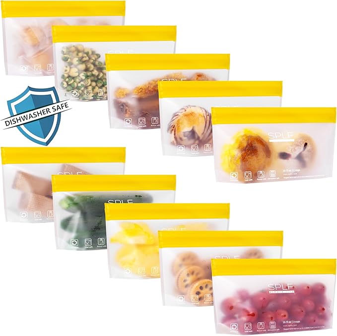 SPLF 10 Pack Stand-Up Reusable Snack Bags Dishwasher Safe, BPA Free Food by SPLF