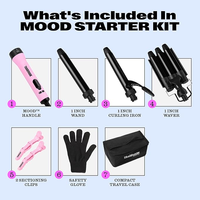 Trademark Beauty Interchangeable Iron Styling Kit - 3 in 1 Curling Iron, Hair Waver, and Curling Wand, Hair Styling Tool, 1 Inch Barrels, Mood - Pink/Black