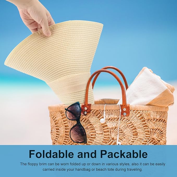 DRESHOW Beach Hats for Women Big Straw Wide Brim Summer Hat Floppy Foldable - Image 5