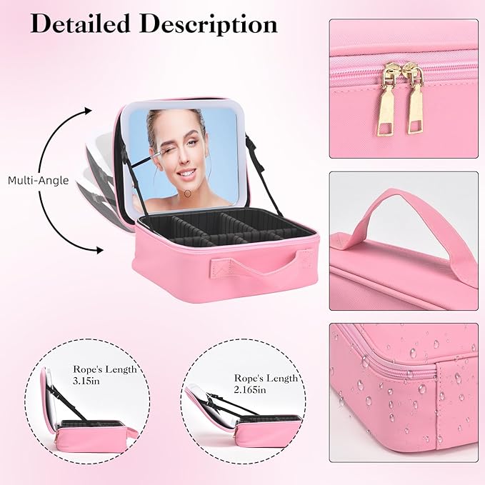 Travel Makeup Bag With LED Mirror, Makeup Travel Train Case with 3 Color Setting - Image 6
