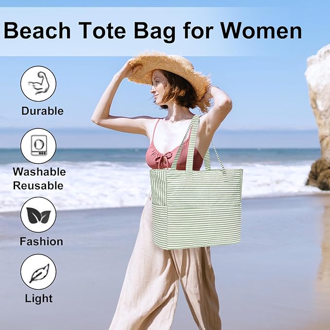 LEDAOU Large Beach Tote Bag Women Waterproof Sandproof Zipper Beach Tote Bag - Image 2