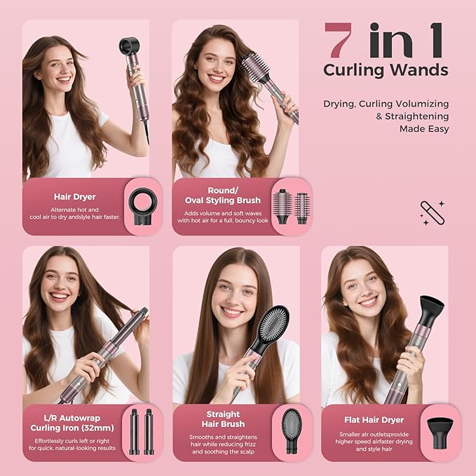 7-in-1 Hair Dryer Brush Blow Dryer, Hot Air Brush Styler with Travel Bag– Fast Drying, Curling, Straightening & Volumizing – 1500W High-Speed Motor 110,000 RPM – All Hair Types – Pink