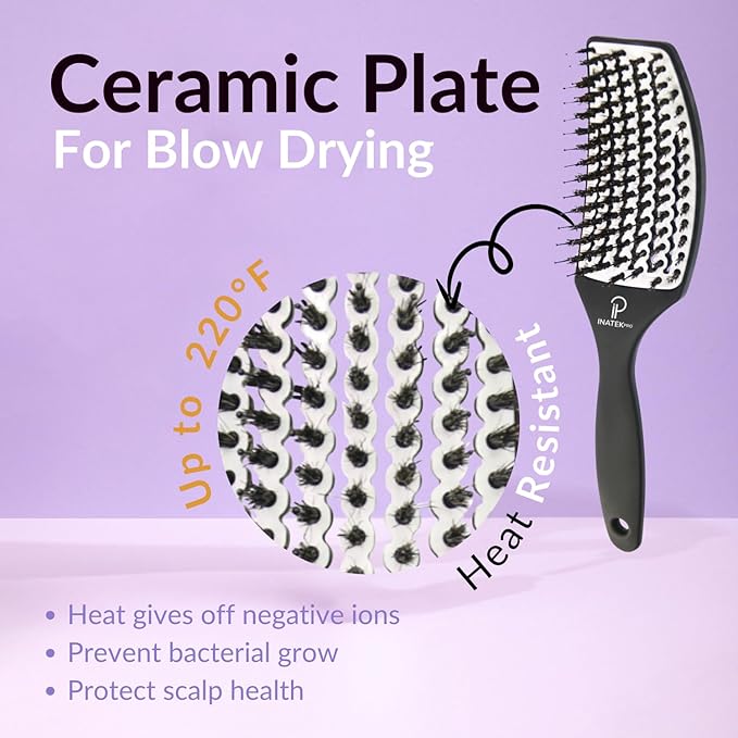 Curved Vented for Blow Drying - Boar Bristle Brush (Large) with Comfortable Handle - Soft Bristle Brush for Thick and Fine Hair - Natural Boar Bristles for Women, Men & Kids - White
