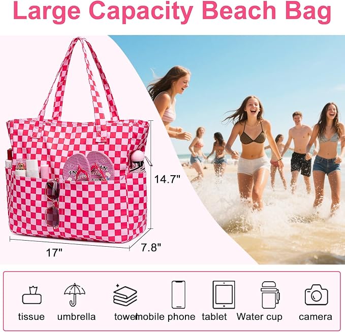 LEDAOU Large Beach Tote Bag Women Waterproof Sandproof Zipper Beach Tote Bag - Image 2