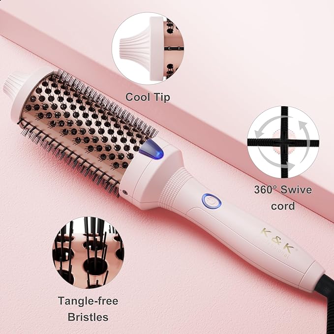 K&K Thermal Brush Curling Iron 1.77 Inch Ceramic Tourmaline Ionic Hair Styler for Loose & Voluminous Curls, Dual Voltage for Long Hair