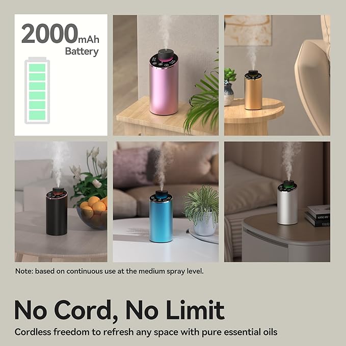 Waterless Essential Oil Diffuser Aromatherapy Scent Diffusers for Home Large Room, Bedroom, Car, Office, Desk, Battery Operated Mini Portable Air Freshener, 3 Countdown Timers & 3 Mist Levels