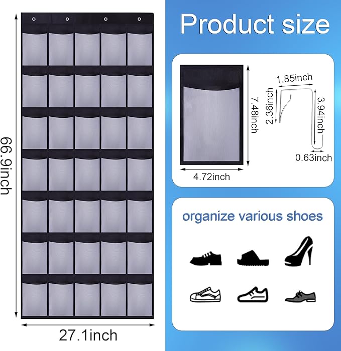 35Large Pockets Over The Door Shoe Organizer, Mesh Pockets Shoe Holder Rack - Image 2