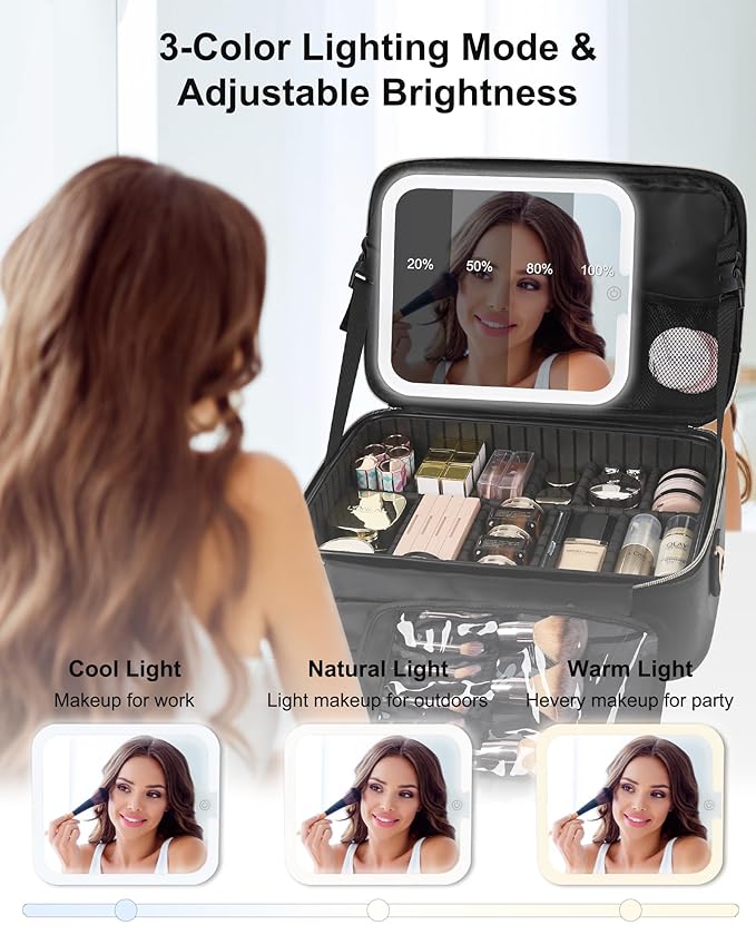 Relavel Makeup Train Case With LED Mirror, Professional Travel Cosmetic Bag - Image 2