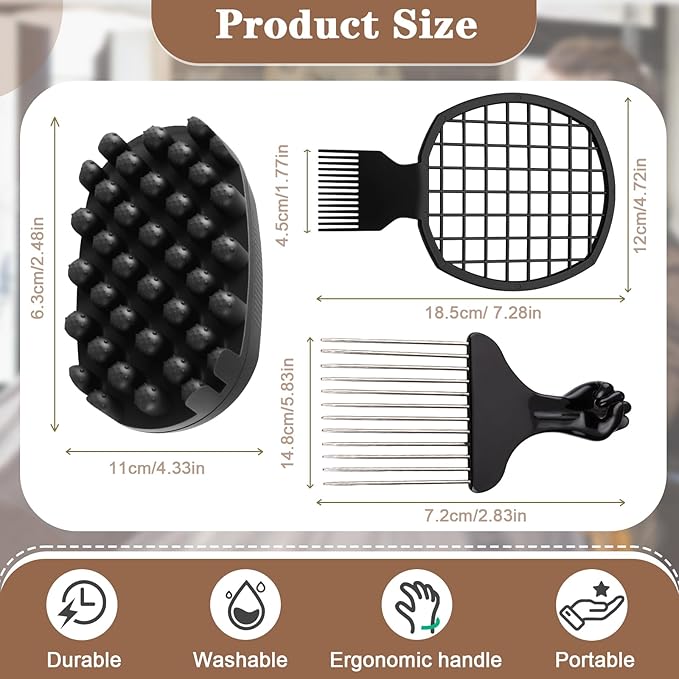 3 Pack Silicone Curling Hair Brush & Metal Afro Pick Hair Comb Set – Durable Washable Curl Sponge for Black Men, Natural Hair, Dreadlocks, Coils & 4C Afro HairStyling Tool