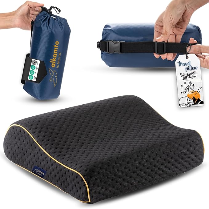 Travel & Camping Comfortable Memory Foam Pillow – Easy to Carry Portable Bag – by Alkamto