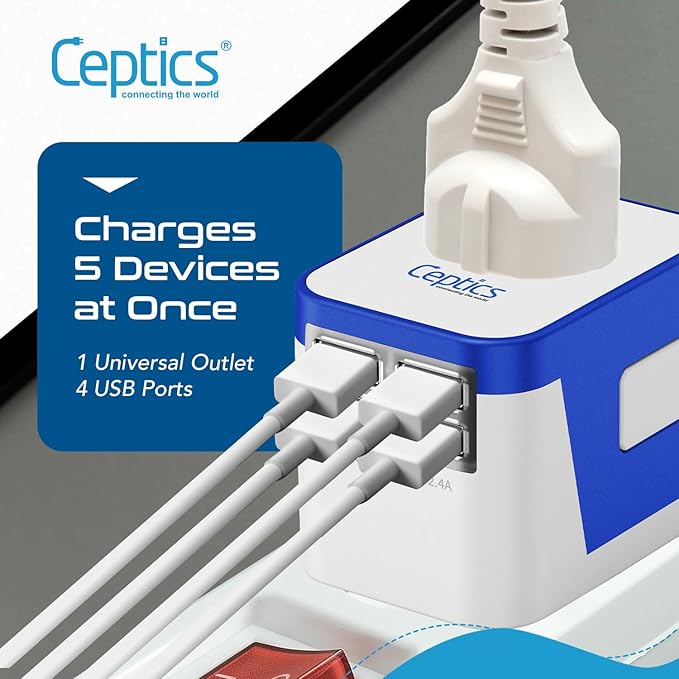 Ceptics Universal Travel Adapter Plug World Power W/ 4 USB Ports - Image 3