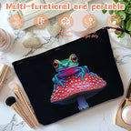 Cosmetic Bags Travel Makeup Toilet Case Waterproof Pouch for Women Girls 6.7X9.45inches - Colorful Frog on A Red Mushroom
