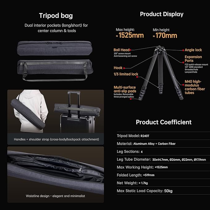 FALCAM TreeRoot Carbon Fiber Medium Tripod, 4-Section Legs, 50kg Vertical Load - Image 9