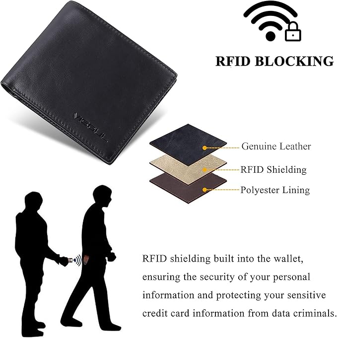 VISOUL Mens Bifold Wallet with 2 ID Windows and 2 Money Compartments, Genuine - Image 5