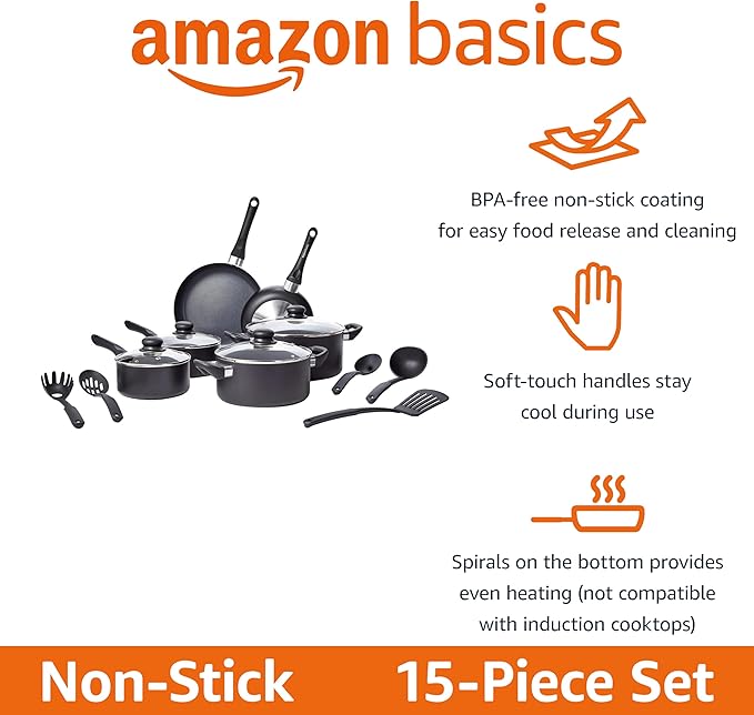 Amazon Basics Non Stick Kitchen Cookware 15-Piece Set, Non-Induction, Includes - Image 2