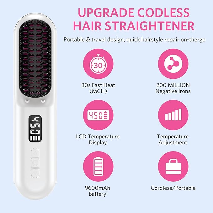 Cordless Hair Straightener Brush, Portable Mini Hair Straightening Brush for Travel, Rechargeable 9600 mAh USB-C, Lightweight Anti-Scald Heated Styling Tools & Appliances