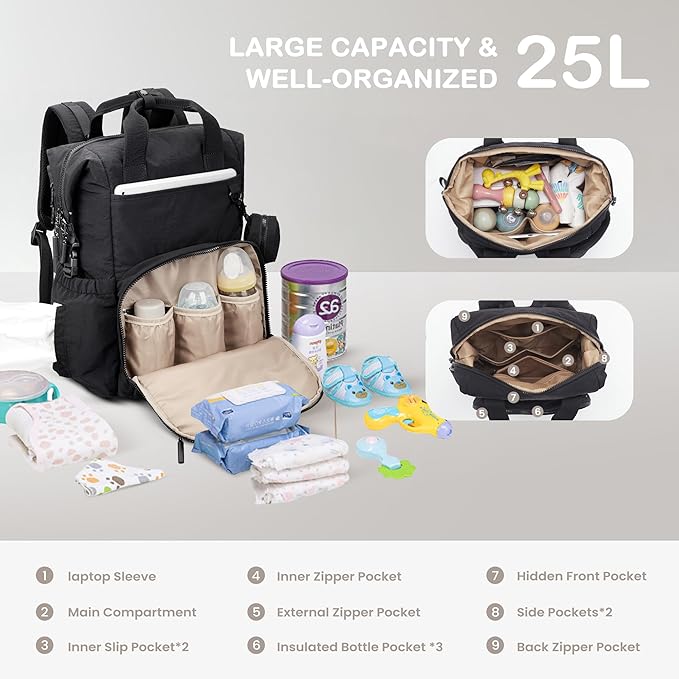 VONAL Diaper Bag Backpack, Lightweight Baby Diaper Bags, Travel Large Diaper Bag - Image 3