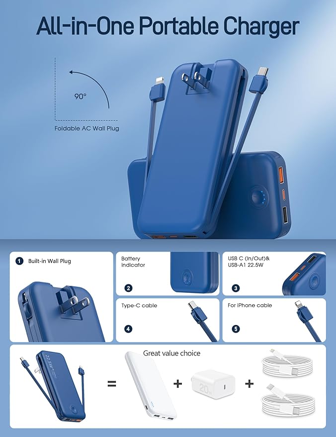 Portable Charger with Built in Cable and AC Wall Plug, USB C Power Bank - Image 2