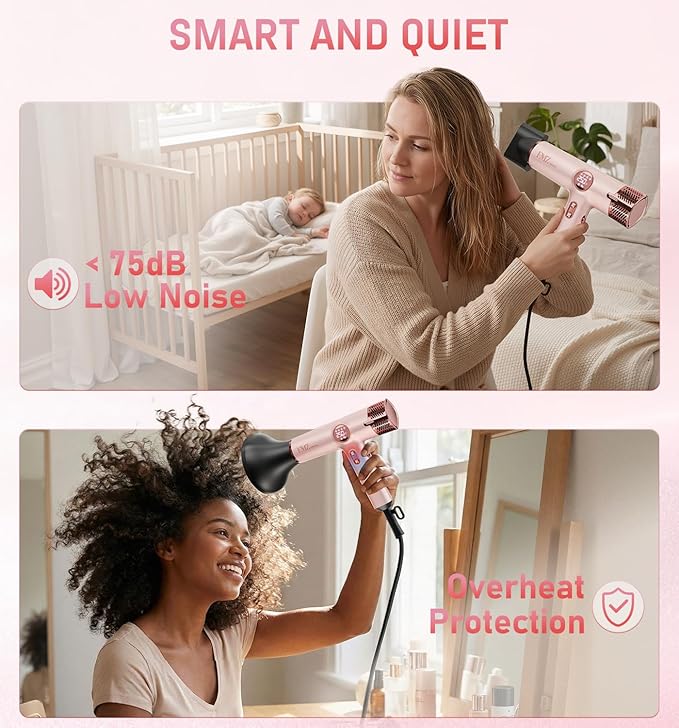 FMZ Professional Hair Blow Dryer with Smart Display, 1875W High Speed BLDC Motor for Fast Drying, Portable Mini Lightweight Quiet, Pink Curly Ionic Diffuser HairDryer for Women Girls Teen Salon Travel