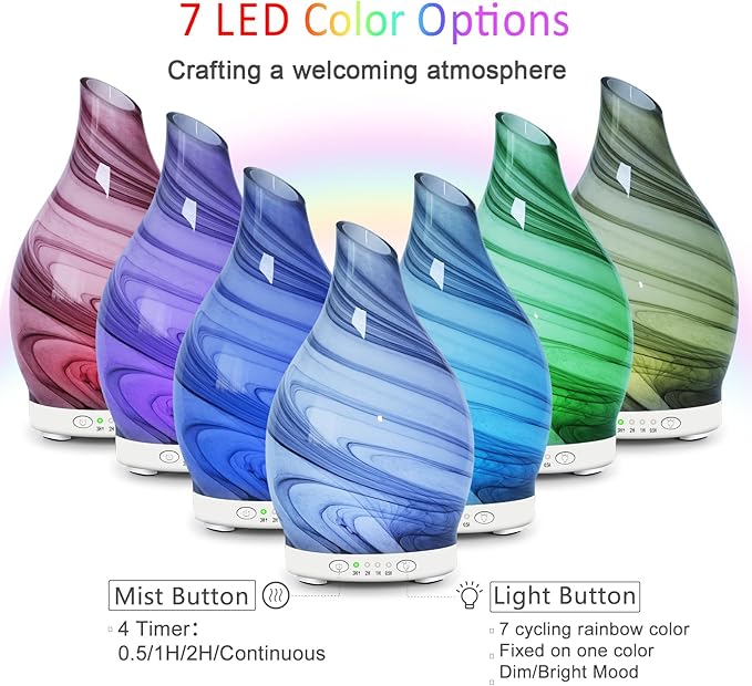 Essential Oil Diffuser 120ML, Glass Aromatherapy Diffuser with 4 Timer Settings & 7 Color Changing Lights, Waterless Auto Shut-Off, Ultra Quiet Oil Diffuser for Home, Office, Yoga, Spa and Sleeping