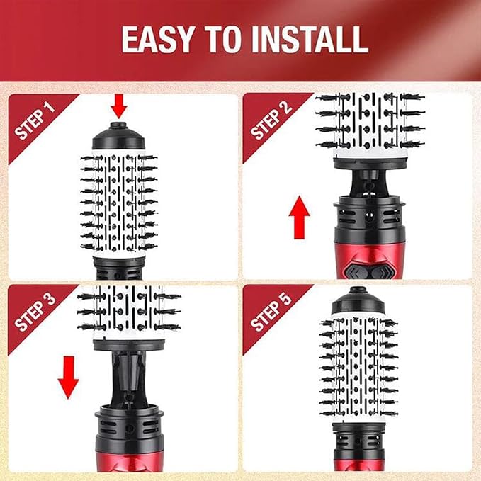 3-in-1 Hot Air Styler and Rotating Hair Dryer, Spin Hair Dryer Brush with 2 Interchangeable Brush, Anti-frizz Hot Air Spin Brush Set for Straightening, Drying, and Curling (Red)