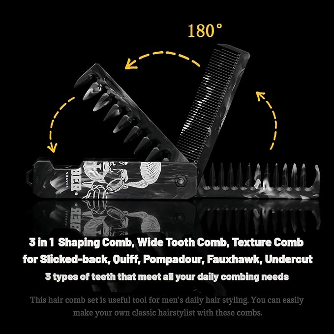 1PC 3 In 1 Folding Pocket Comb for Men, Fine & Wide Tooth for Travel and Everyday Grooming Combing Hair, Beard or Mustache Styling Comb for Slicked-back, Quiff, Pompadour, Fauxhawk, Undercut