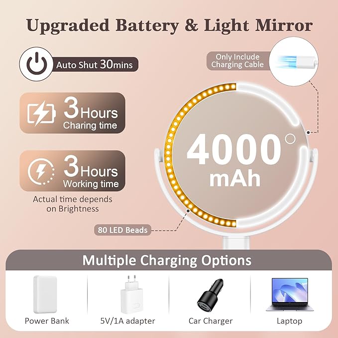 15X/1X Lighted Magnifying Mirror, 4000mAh Rechargeable Makeup Mirror - Image 4