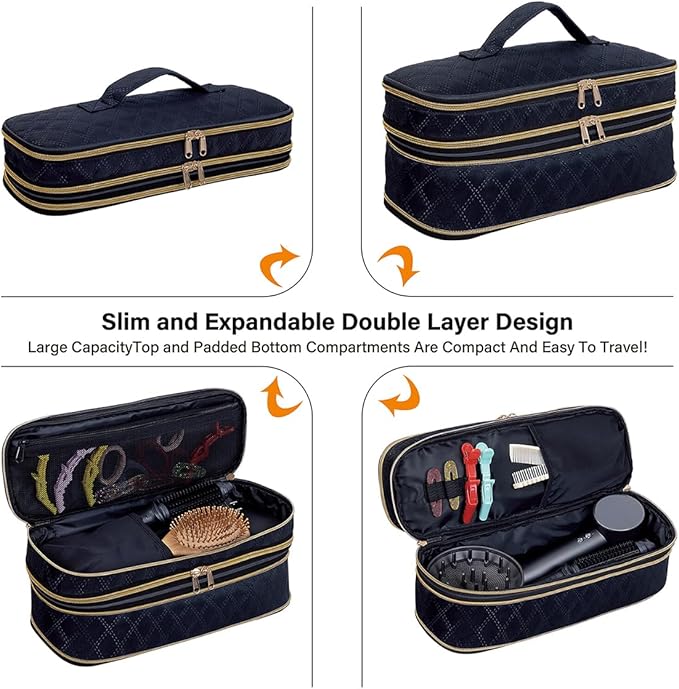 Hair Dryer Travel Carrying Case, Curling Iron Storage Bag, Slim Expandable Handheld Dual-Layer Travel Storage Bag for Dryer/Hair Tool Organizer/Style Organizer
