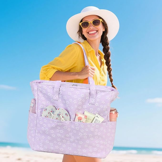 LEDAOU Large Beach Tote Bag Women Waterproof Sandproof Zipper Beach Tote Bag - Image 2
