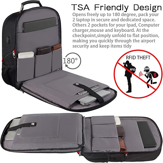 Laptop Backpack, 55L Capacity, TSA Approved, RFID Anti-Theft, USB Charging Port - Image 5