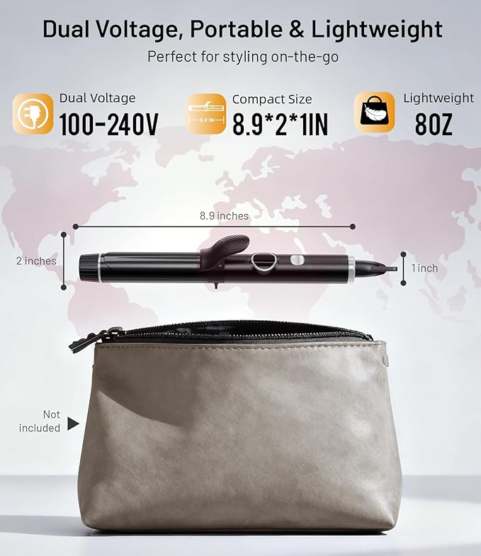 1 Inch Mini Travel Curling Iron, 100-240V Travel Dual Voltage Curling Iron for Short Hair with 5 Heat Settings, Small Curling Wand with Temperature Memories and Lock, Silver