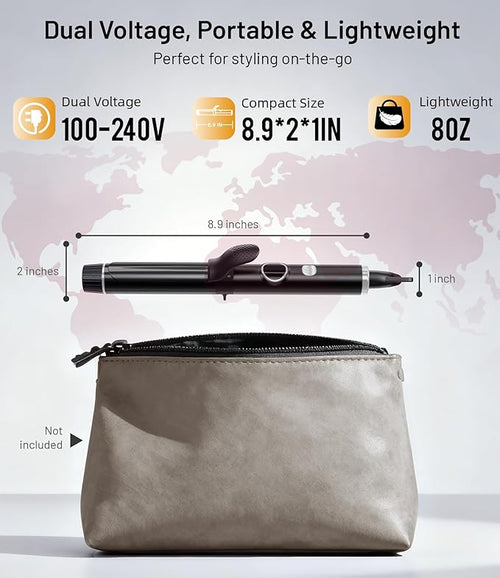 1 Inch Mini Travel Curling Iron, 100-240V Travel Dual Voltage Curling Iron for Short Hair with 5 Heat Settings, Small Curling Wand with Temperature Memories and Lock, Silver